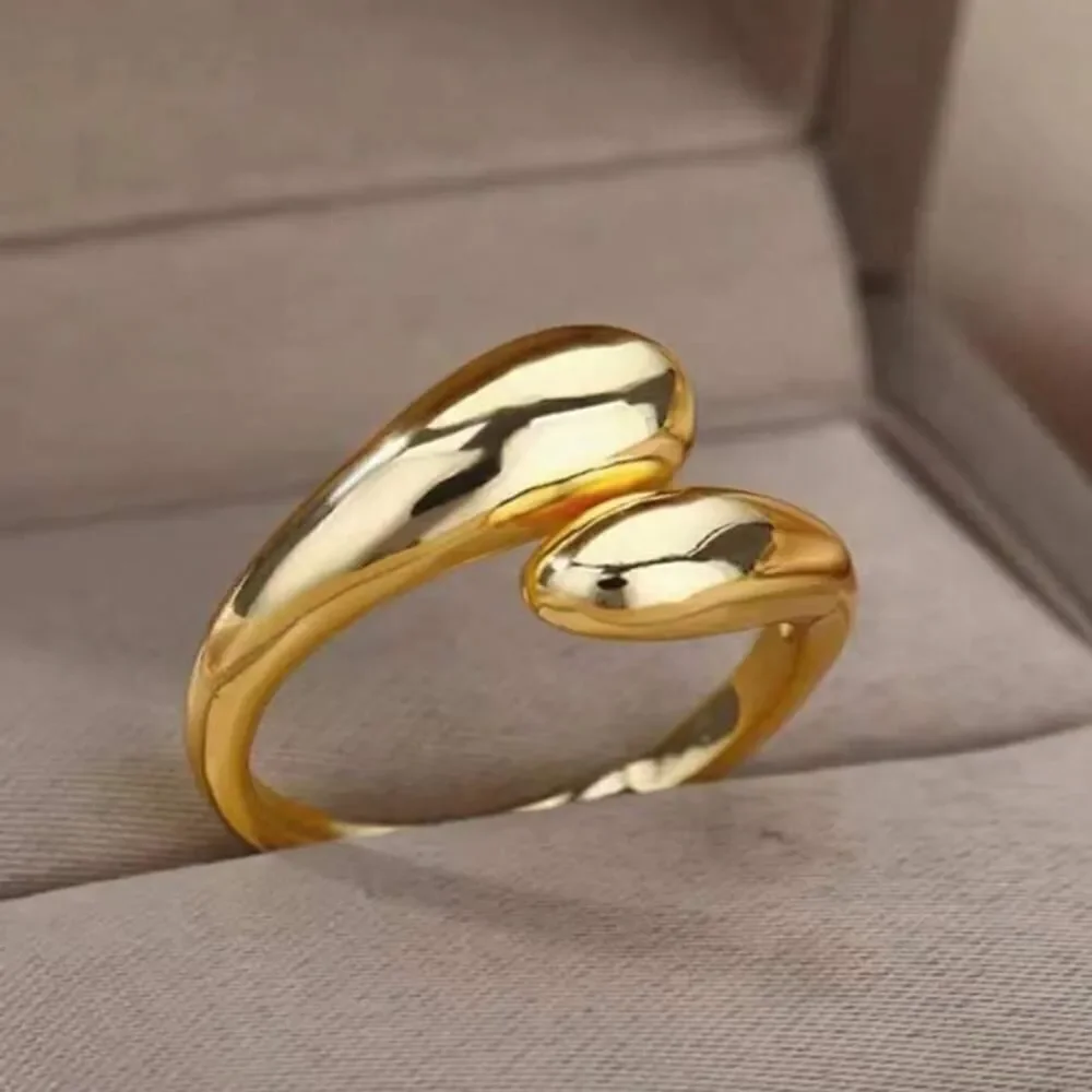 Smooth Double Ball Beads Rings Adjustable Gold Tone Geometric Style Fashion Ring